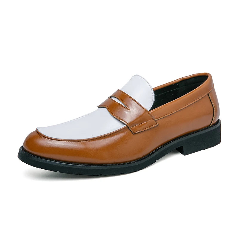 Luxury Brand Black and White Color block Loafers Men Slip-On Classic Style Casual Leather Shoes