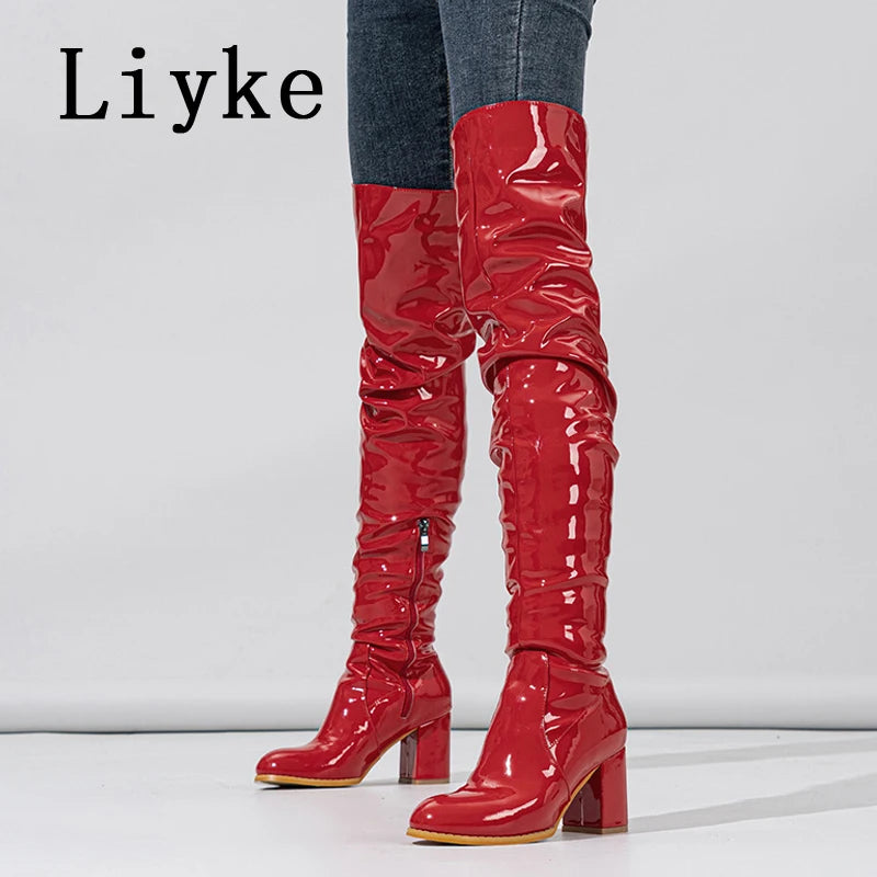Liyke Autumn Winter White Patent Leather Over The Knee Boots