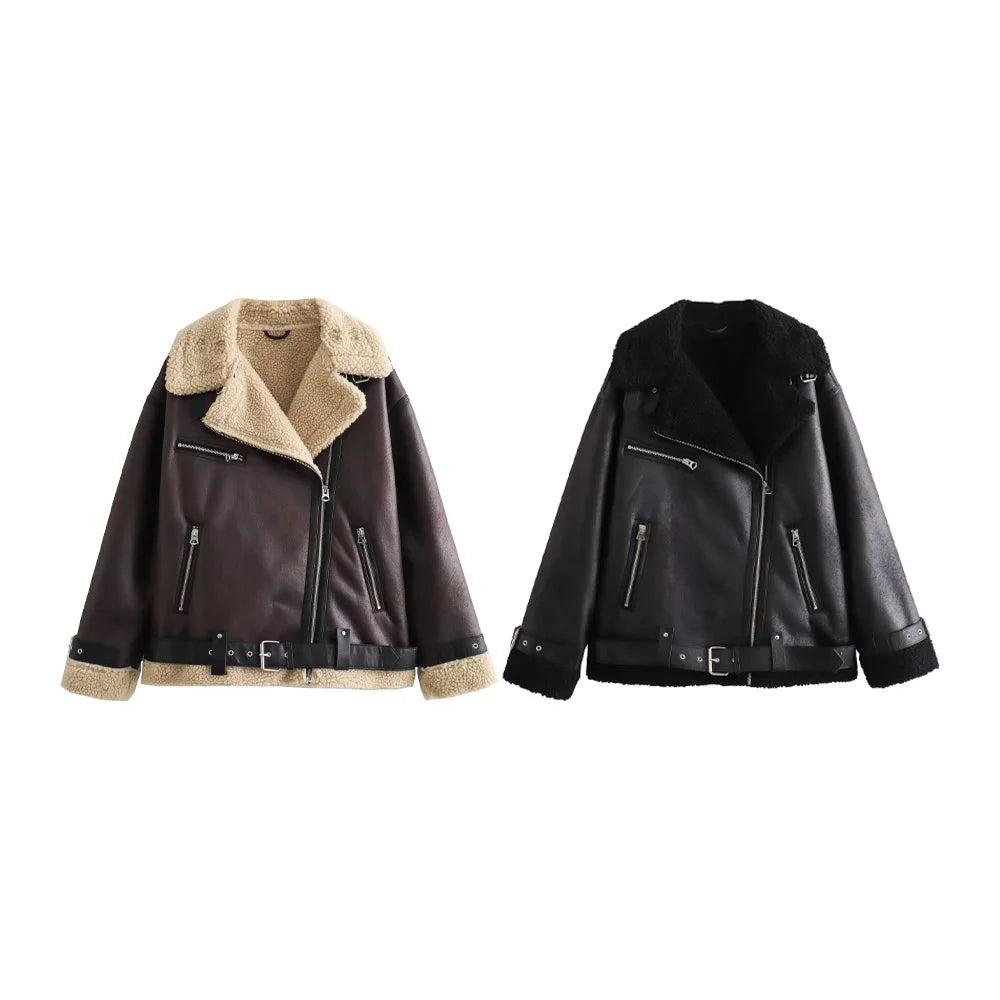 Women's European and American Style Loose Fashion with Belt Double sided Collar Jacket