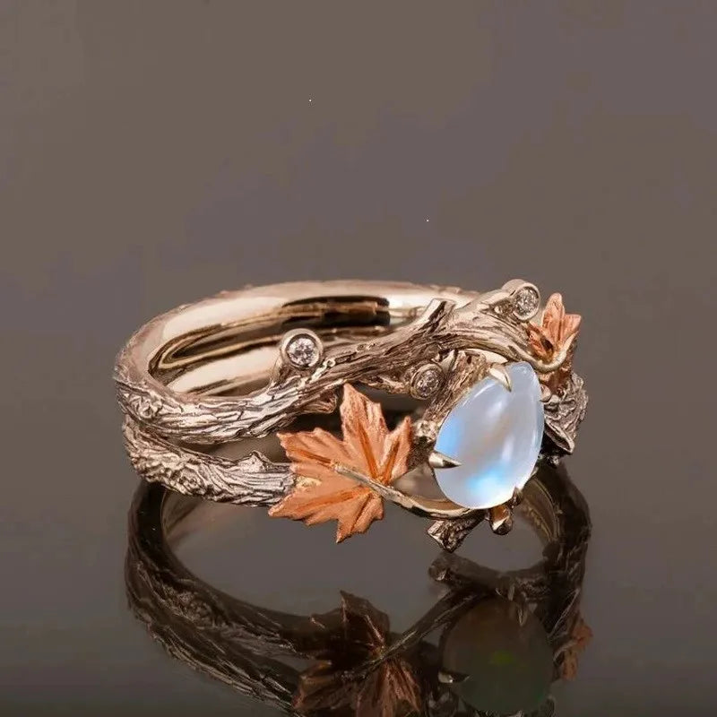 Vintage Boho Hollow Leaf Moonstone Ring for Women
