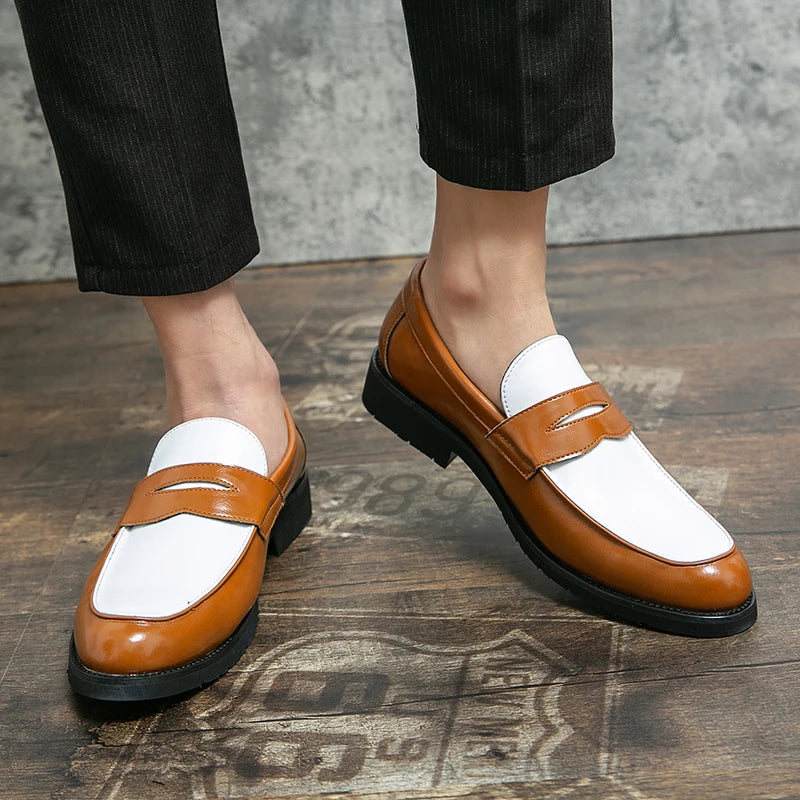 Luxury Brand Black and White Color block Loafers Men Slip-On Classic Style Casual Leather Shoes