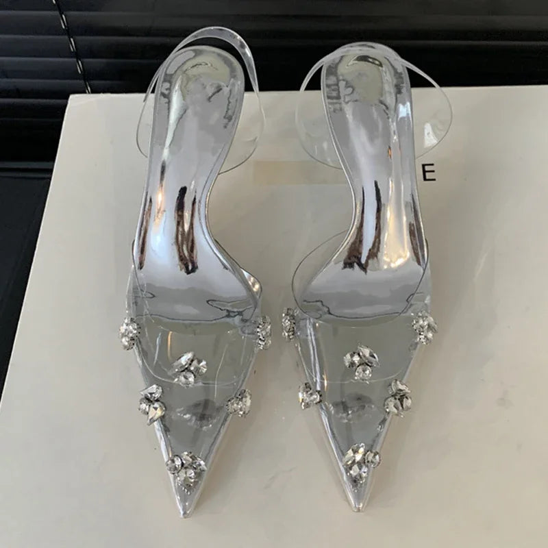 Eilyken Sexy Glitter Crystal PVC Transparent Women Pumps Thin Heels Party Prom Pointed Toe Slingbacks Shoes