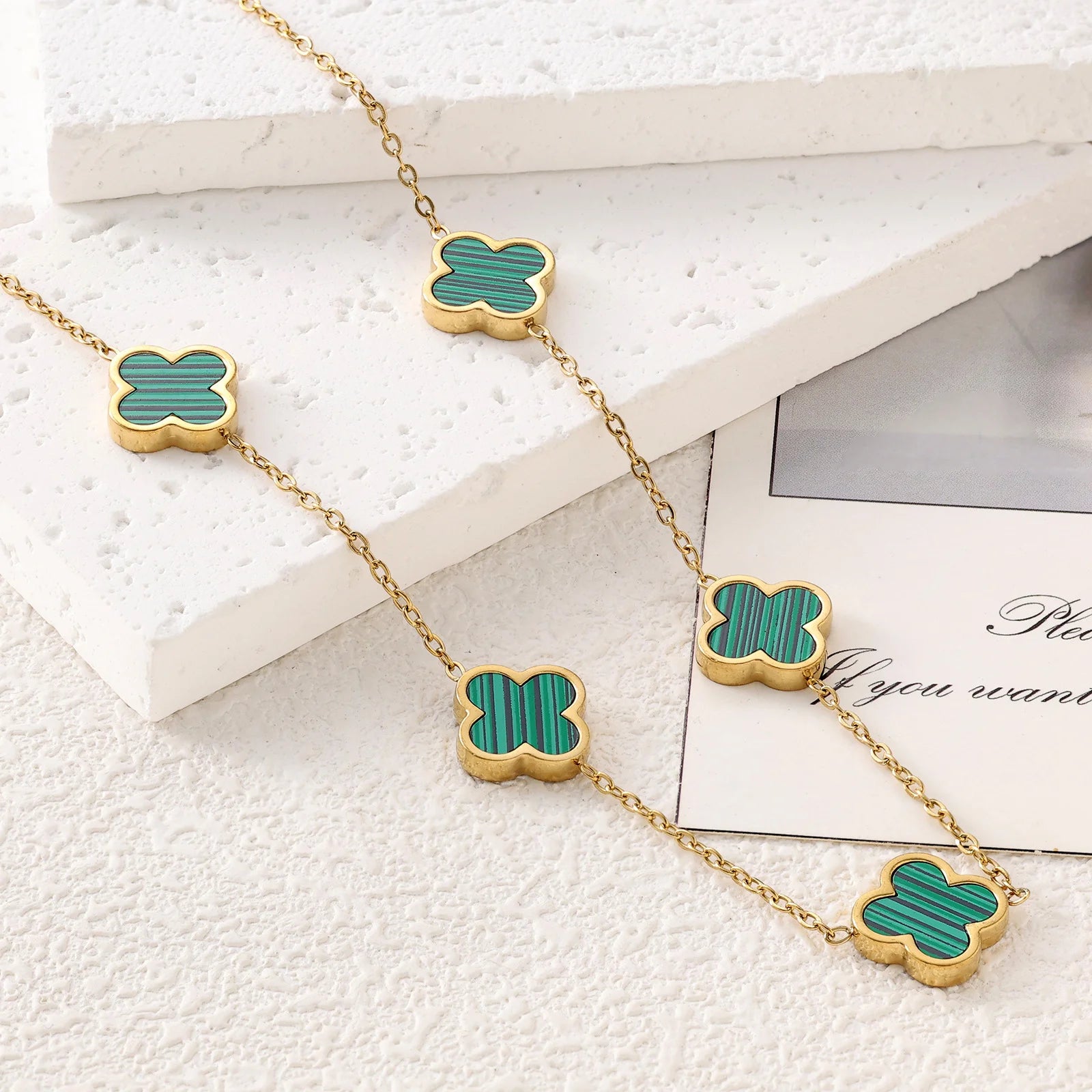 Four-Leaf Clover Necklace and Bracelet Jewelry Set