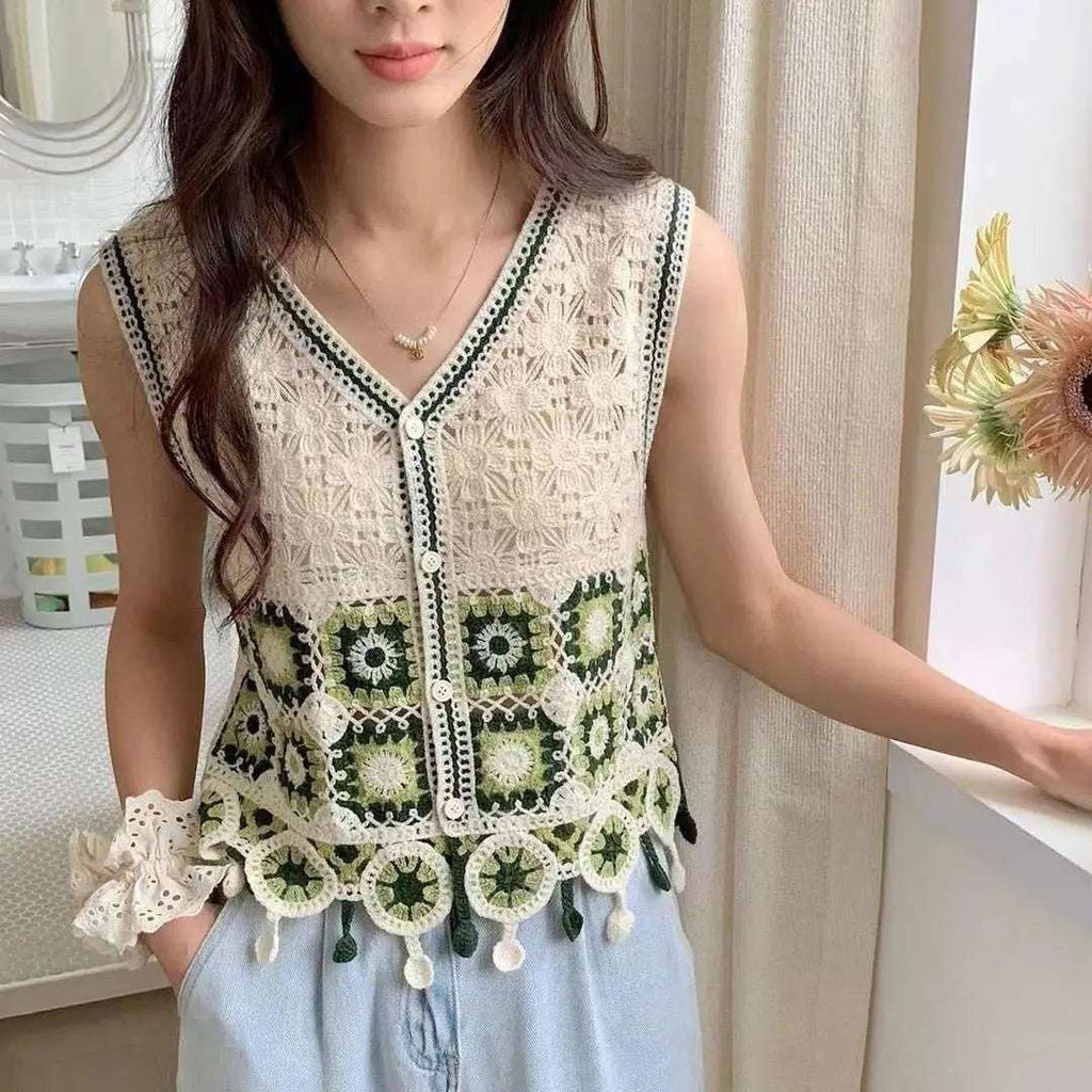 New spring and summer crochet hollow-out versatile vest for women loose V-neck sleeveless short tops