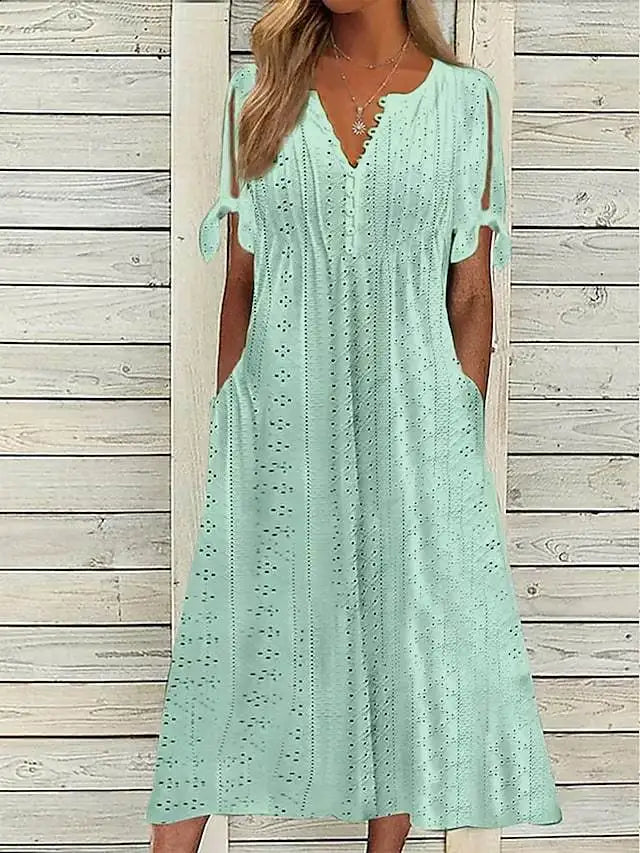 Summer New Women's Dress with Hollow-out Lace Trim and V-neck