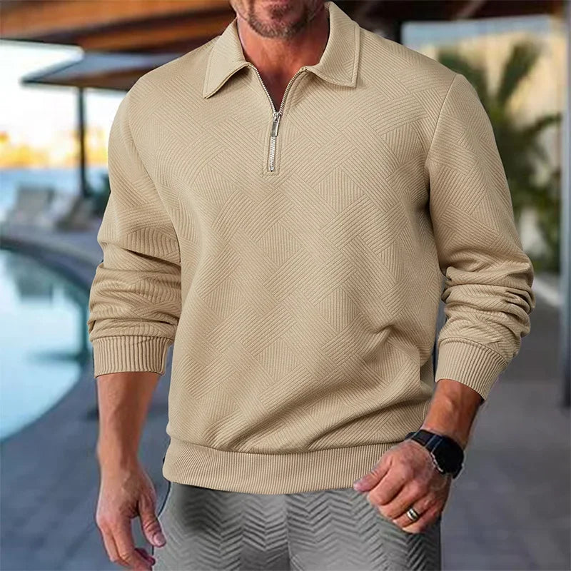 Men's Long-Sleeved Lapel Zipper Polo Shirt Casual Loose Top