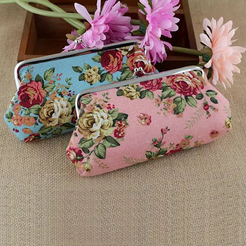 Women's Vintage Floral Pattern Coin Purse, Kiss-Lock Clutch Purse