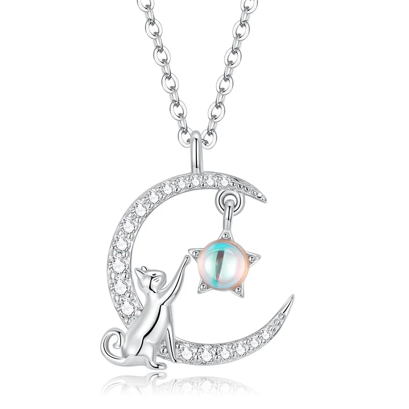 WOSTU 925 Sterling Silver Cute Cat Rabbit Necklace Star Zircon Moon Pendant Necklace