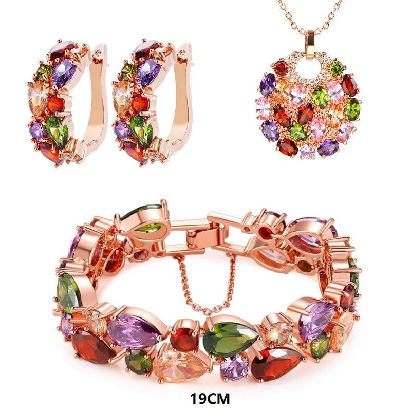 Retro Sweet Rose Gold Color Multi Cubic Zirconia Jewelry Sets