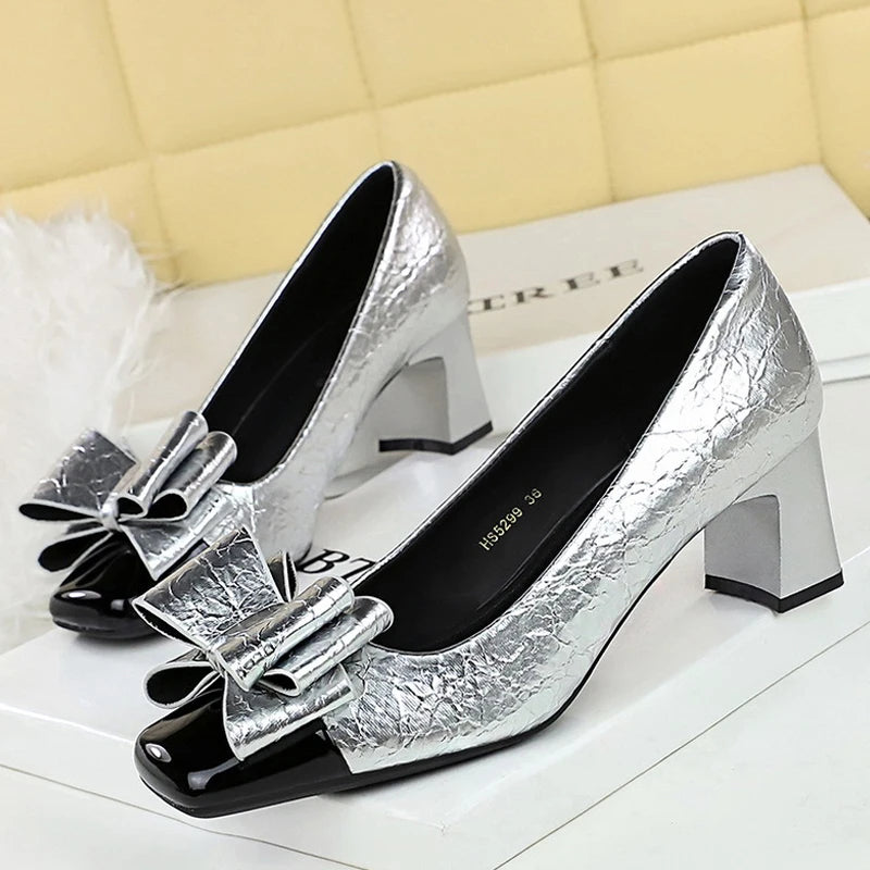 Fashion Bow Splice Square Head Women Pumps