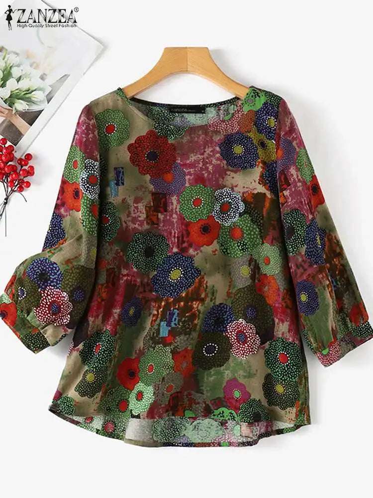 ZANZEA Women Long Sleeve Blouse 2024 Autumn Retro Floral Print Shirts Vintage Office Lady Cotton Chemise Holiday Round Neck Tops