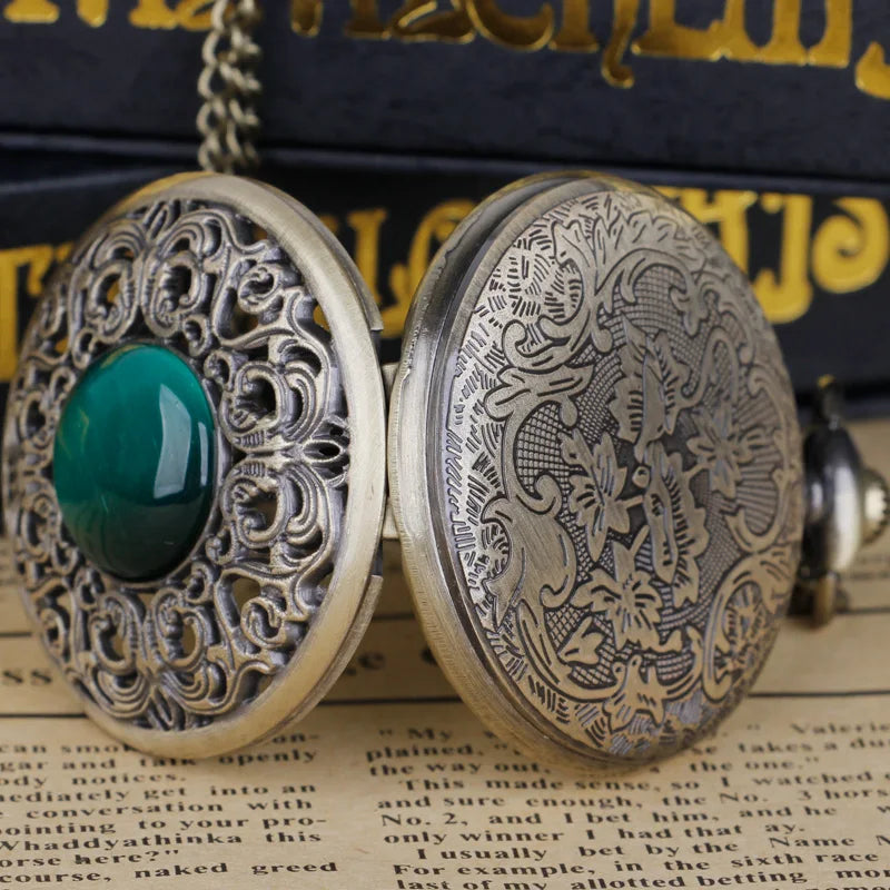 Vintage Arabic Numerals Face Hollowed-Out Carving Jade Quartz Pocket Watch