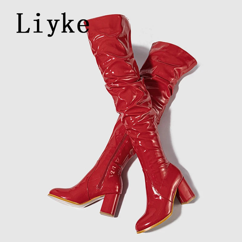 Liyke Autumn Winter White Patent Leather Over The Knee Boots