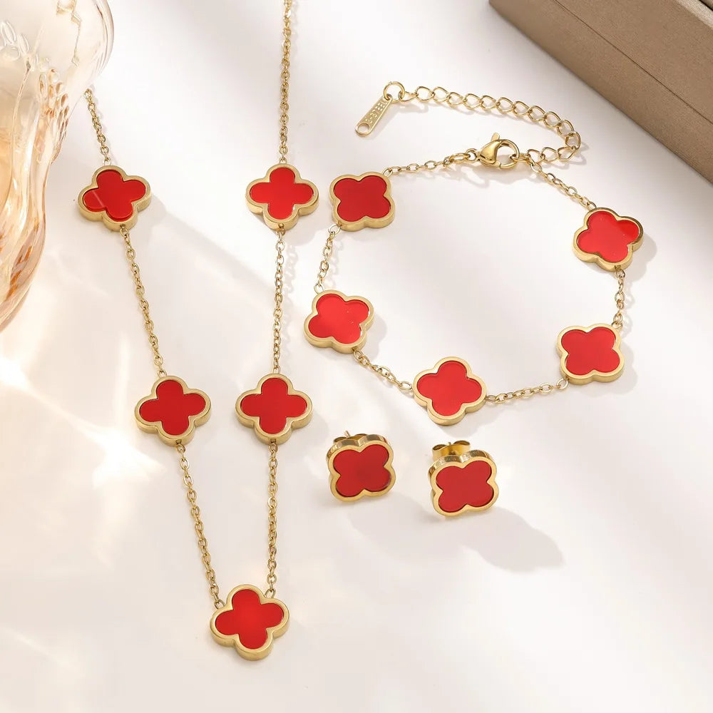 Four-Leaf Clover Necklace and Bracelet Jewelry Set