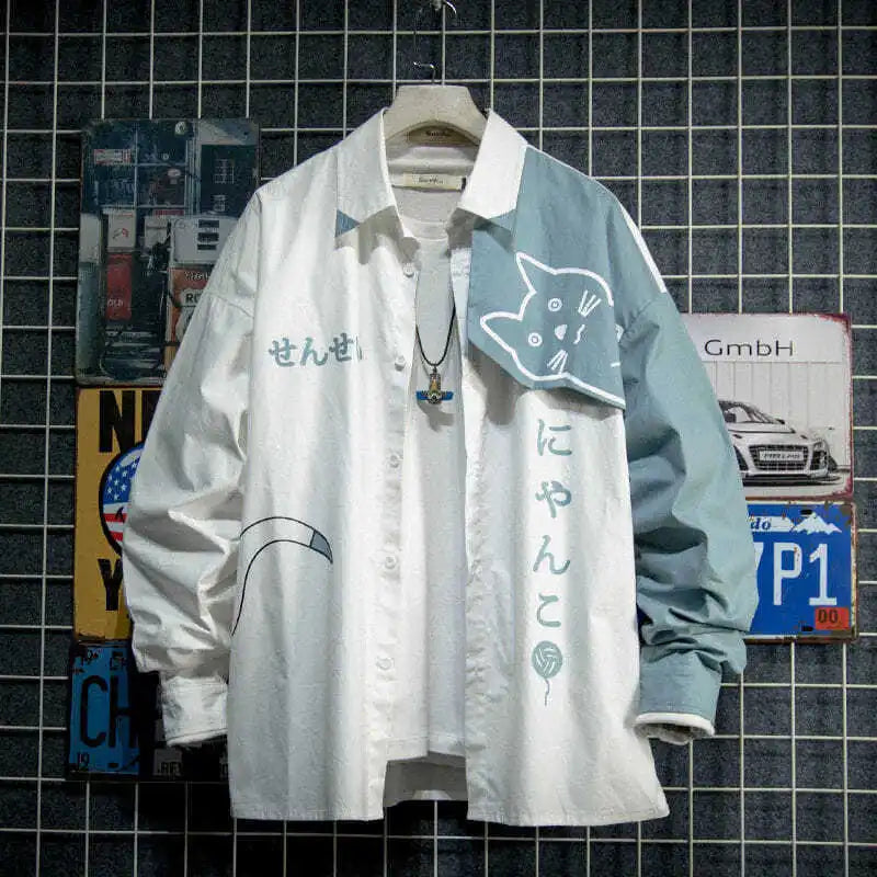 Japanese Style Spring Autumn Men Hoodie Cute Cat Print Patchwork Hoodies Fashion Anime Harajuku Male Sweatshirt