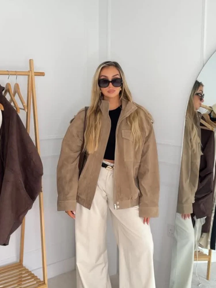 Women Chic Short Stand Collar Suede Jacket