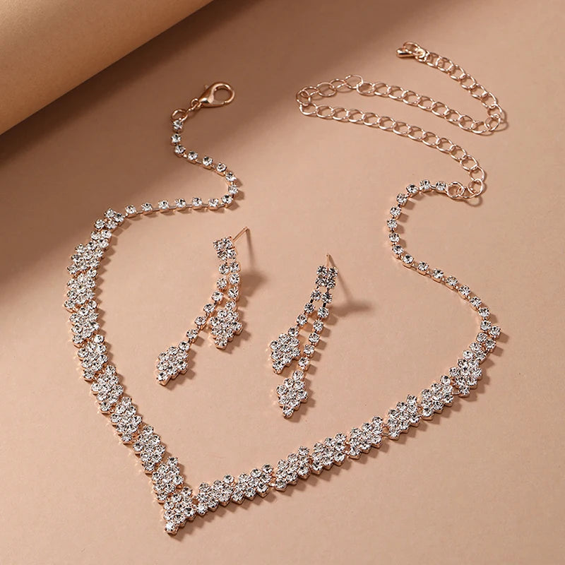 2 Pcs Simple Geometric Zircon Necklace Earrings Kit