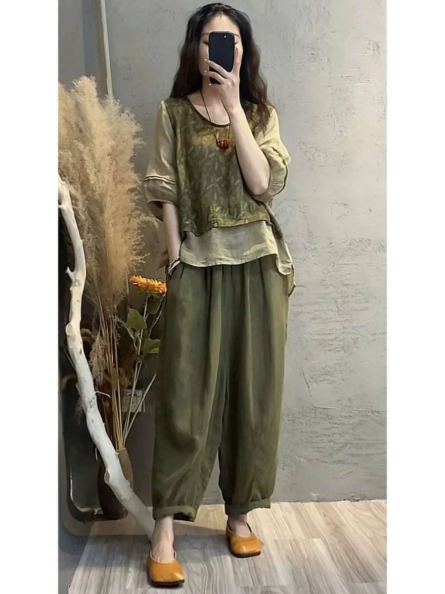 Faionable Cotton Linen Set Women's Summer New Print Patchwork Fake Two-Piece Top Harlan Pants Slimming Two-Piece Set