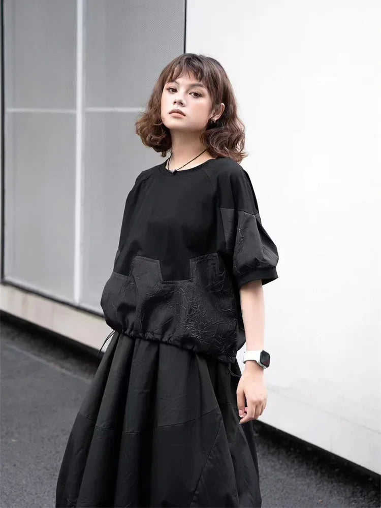 Shirring Patchwork Print O-neck T-shirts