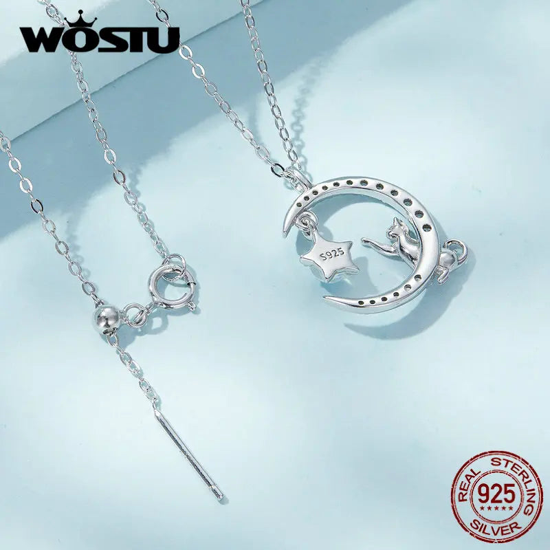 WOSTU 925 Sterling Silver Cute Cat Rabbit Necklace Star Zircon Moon Pendant Necklace