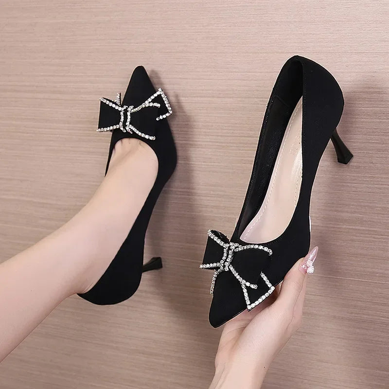 Versatile Black High-Heel Shoes - Pointy Rhinestone Design, Ideal for Autumn and Winter