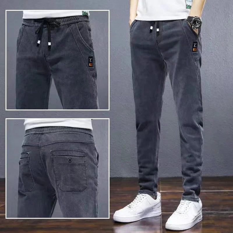 Men's Comfortable Elastic Waist Denim Pants Plush Thermal Autumn Winter Harem Trousers