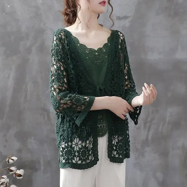 Cotton Knit Crochet Lace Open Cardigan Mid-Sleeve Summer Vintage Sweater
