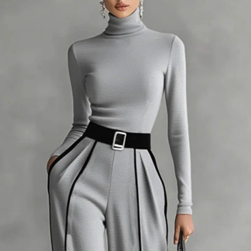 Retro Turtleneck Bottoming Shirt Top+Wide-leg Trousers Suit
