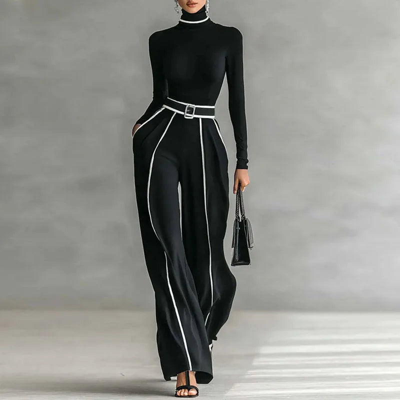 Retro Turtleneck Bottoming Shirt Top+Wide-leg Trousers Suit