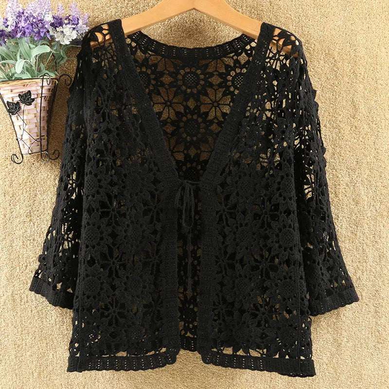 Cotton Knit Crochet Lace Open Cardigan Mid-Sleeve Summer Vintage Sweater