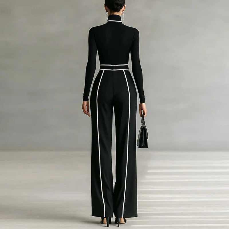 Retro Turtleneck Bottoming Shirt Top+Wide-leg Trousers Suit