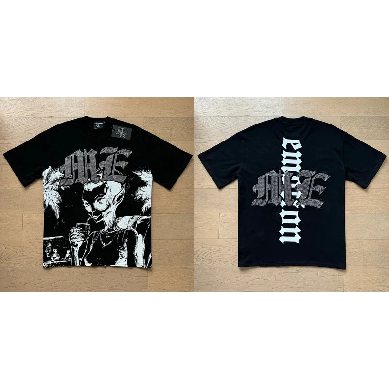 High Street Fashion Angel Print Hot Drill Streetwear MIXED EMOTION T-shirt