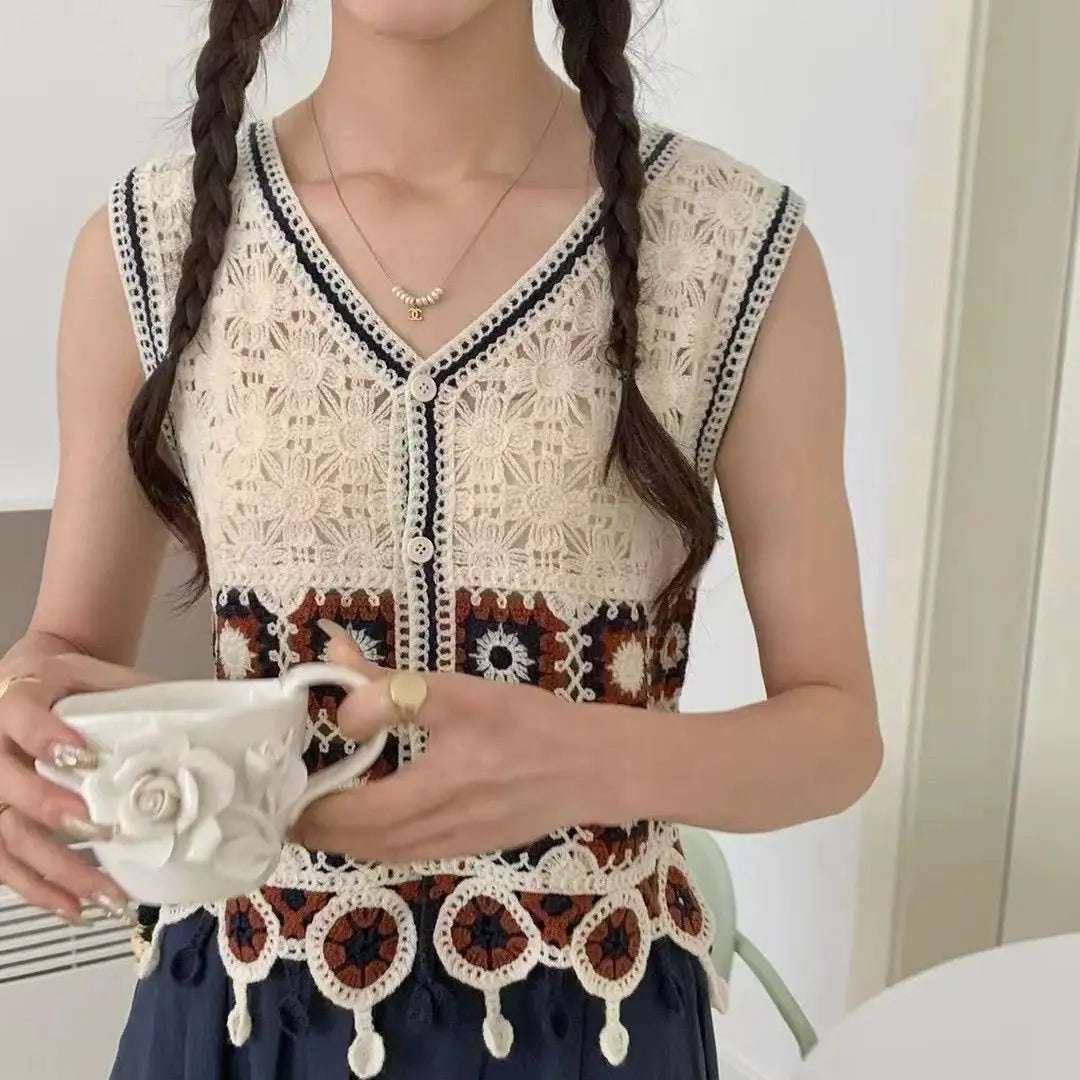 New spring and summer crochet hollow-out versatile vest for women loose V-neck sleeveless short tops