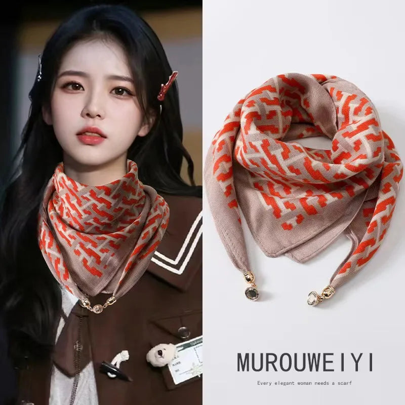 Luxury Magnetic Buckle Striped Silk Scarf