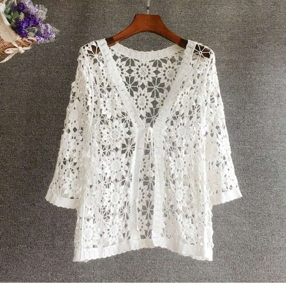 Cotton Knit Crochet Lace Open Cardigan Mid-Sleeve Summer Vintage Sweater