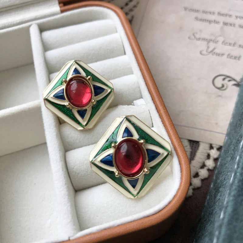 Vintage Enamel Imitation Pearls Geometric Flower Metal Stud Earring