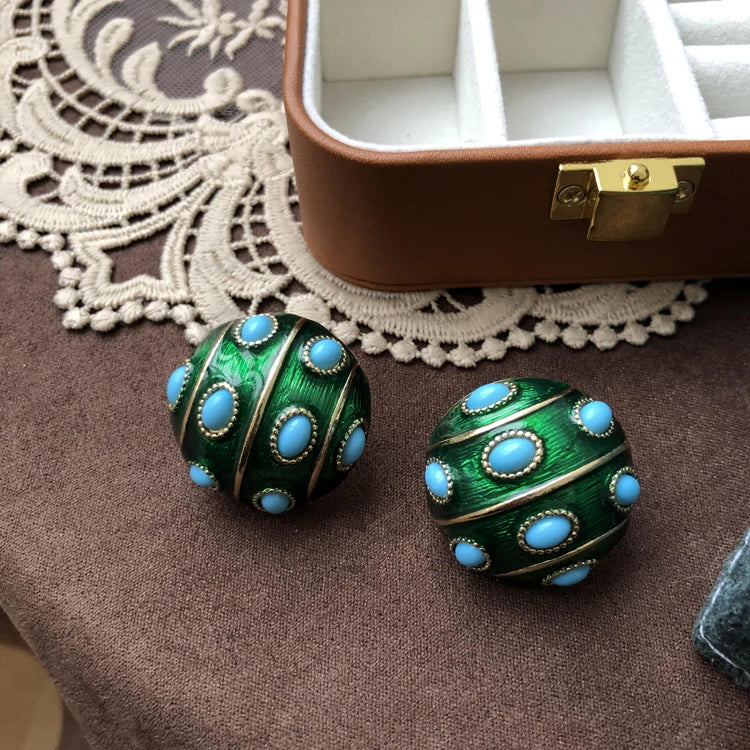 Vintage Enamel Imitation Pearls Geometric Flower Metal Stud Earring