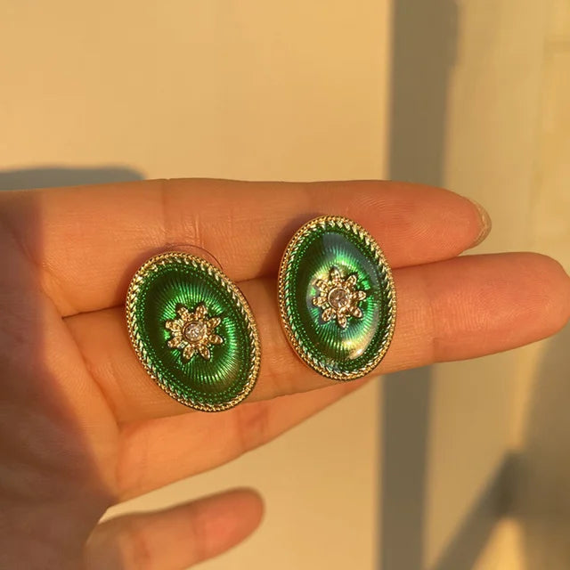 Vintage Enamel Imitation Pearls Geometric Flower Metal Stud Earring