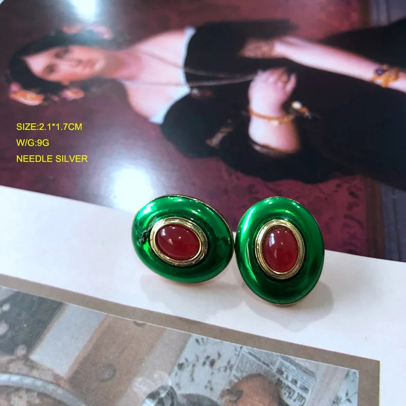 Vintage Enamel Imitation Pearls Geometric Flower Metal Stud Earring