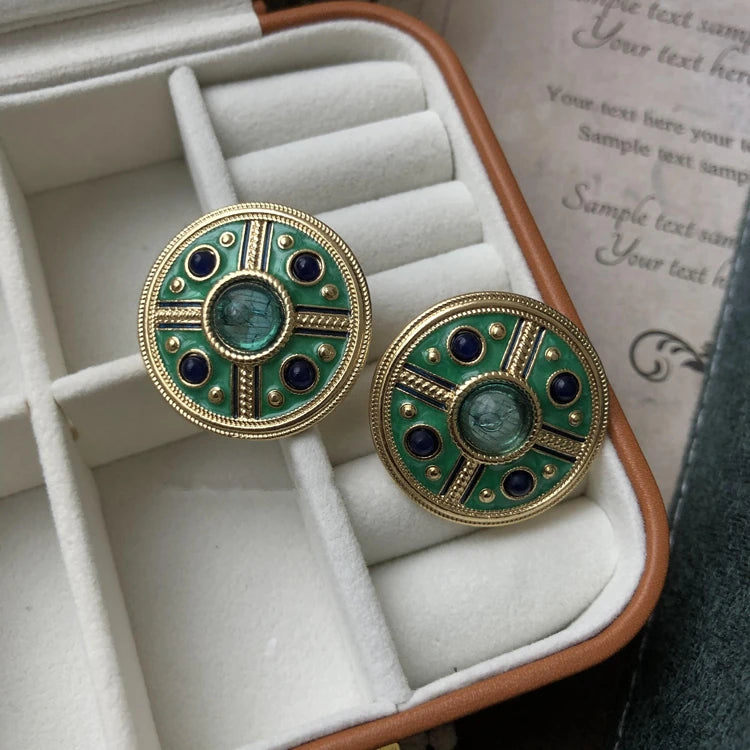 Vintage Enamel Imitation Pearls Geometric Flower Metal Stud Earring