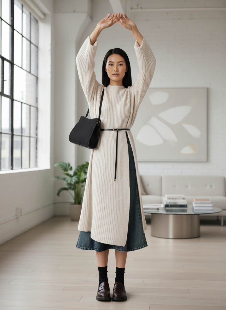 Autumn-Winter Knitted Sweater and Denim Skirt Set