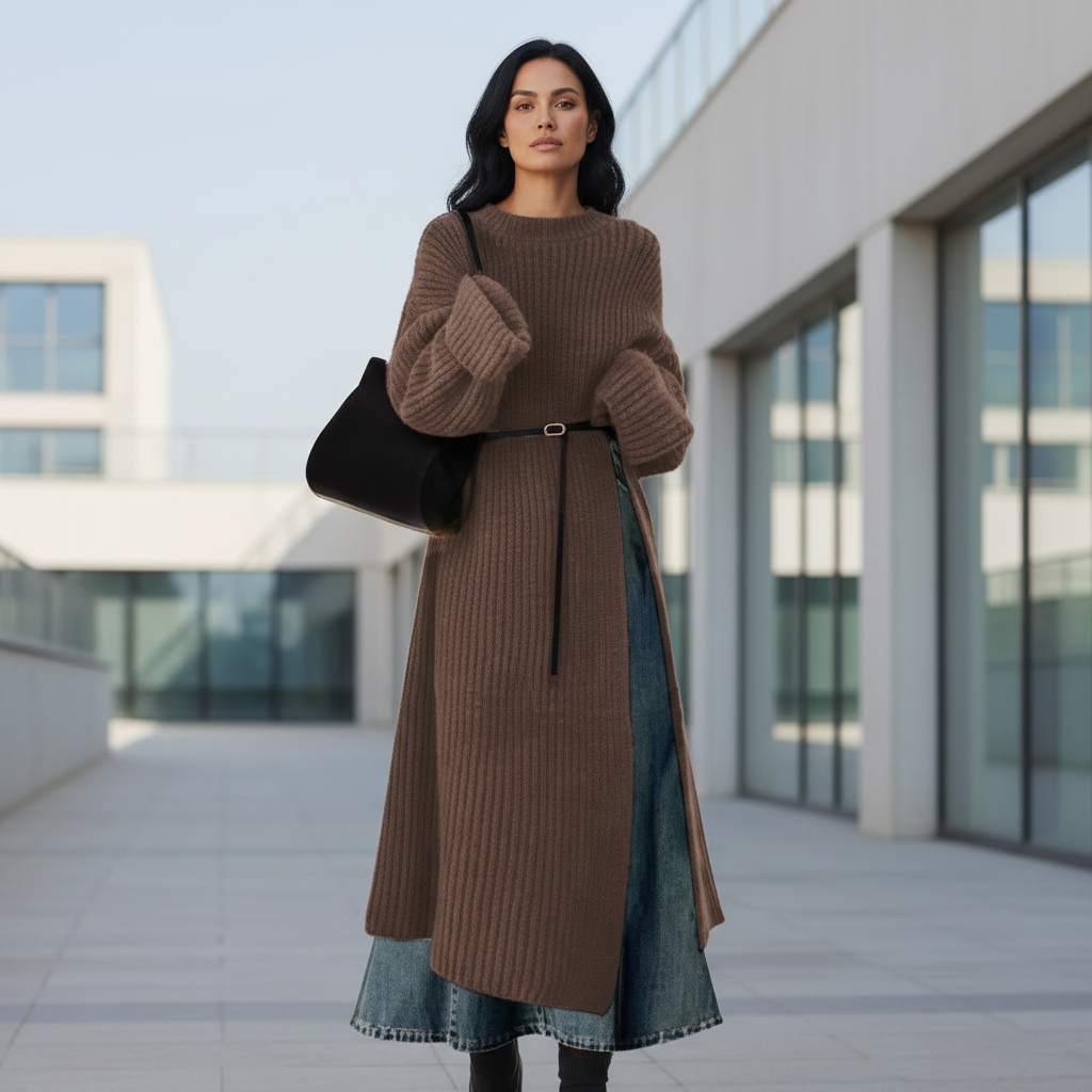 Autumn-Winter Knitted Sweater and Denim Skirt Set