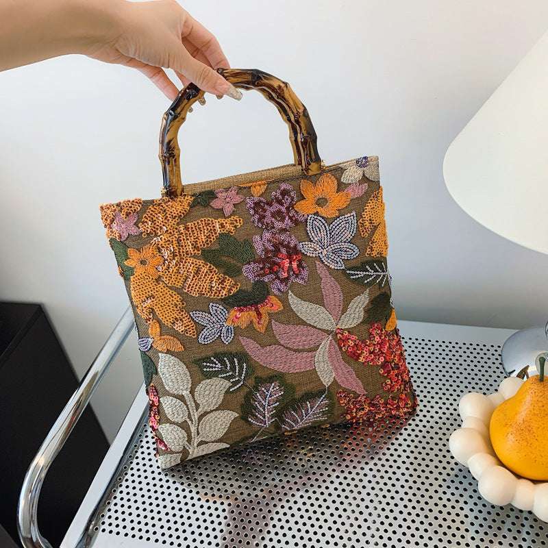 Vintage Embroidered Bamboo Handbag