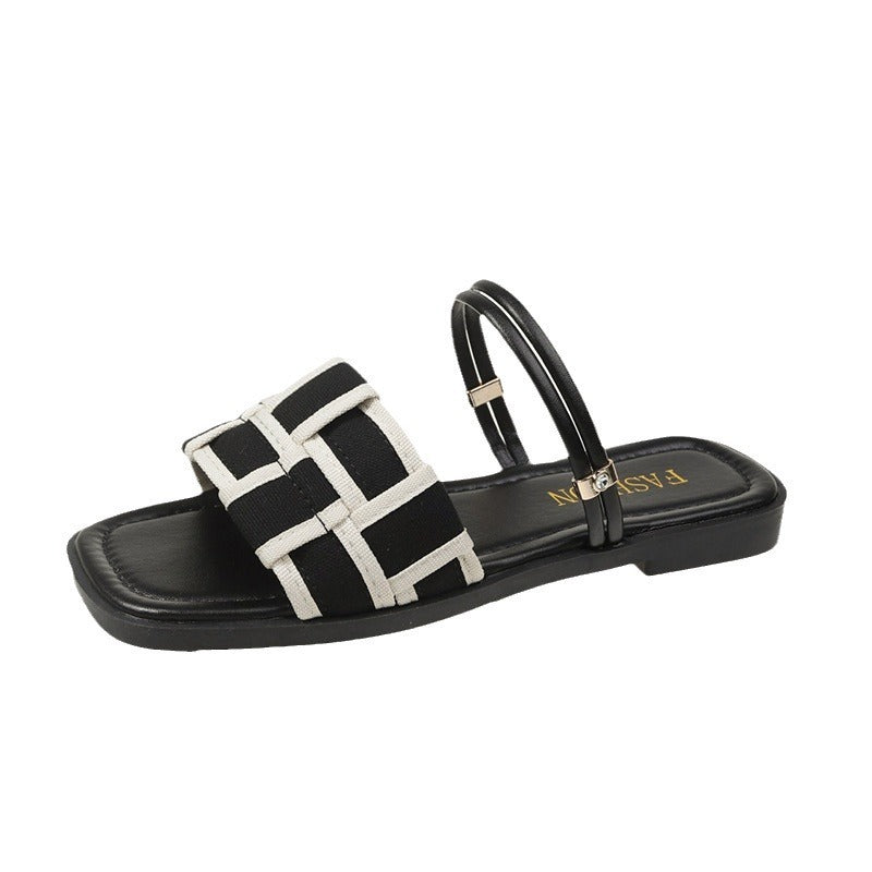 Square Toe Sandals Women's Canvas Check Pattern Flat Sandals