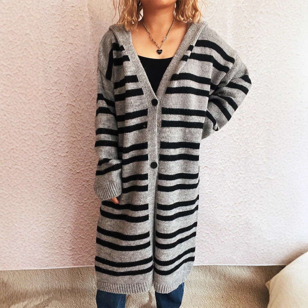 Hooded Color Contrast Striped Retro Casual Loose Sweater