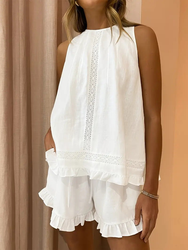 Elegant Lace Shirt Sleeveless Floating Pants