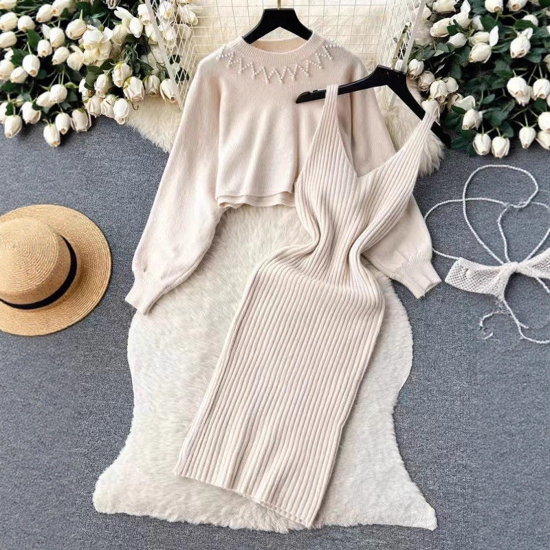 Round Neck Bead Women's Sweater High Waist Knit Dress Suit