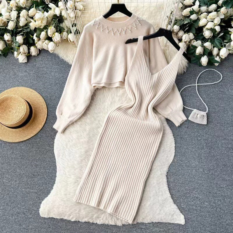 Round Neck Bead Women's Sweater High Waist Knit Dress Suit