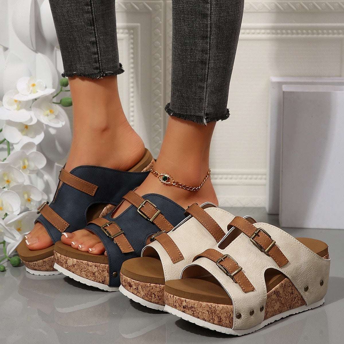 Ins Buckle Wedges Sandals Summer Fish Mouth Thick High Heel Slides Slippers Outdoor Fashion Beach Roman Shoes For Women