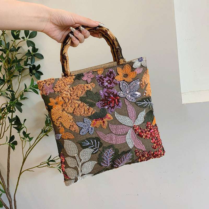 Vintage Embroidered Bamboo Handbag